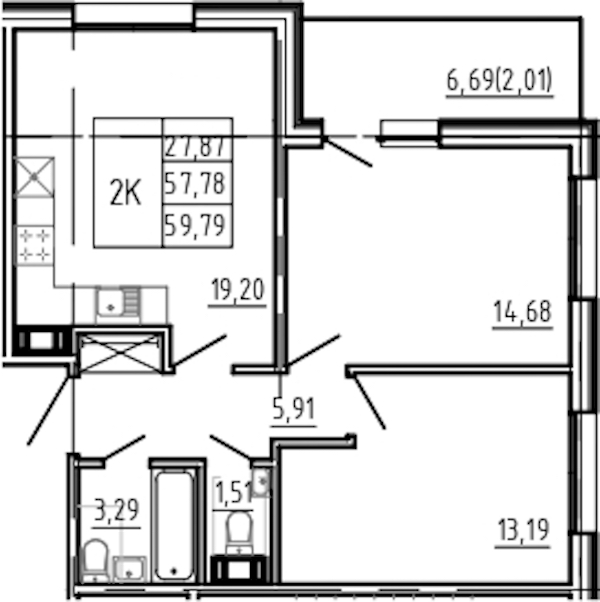 2-комнатная квартира 59.79 м², 5/5 эт., Комплекс апартаментов «Bereg. Курортный»